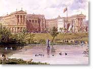 Watercolour of Buckingham Palace by Joseph Nash, 1846, showing the entrance side of the Palace before the closing of the quadrangle with a new front wing and the removal of the Marble Arch